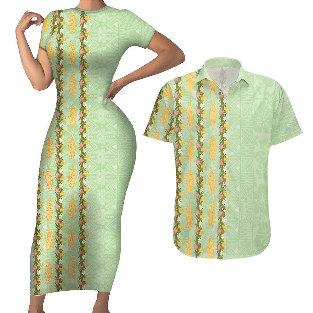 Hawaii Shell Tiare Anthurium Heliconia Lei Couples Matching Short Sleeve Bodycon Dress and Hawaiian Shirt With Tapa Pattern Baby Green