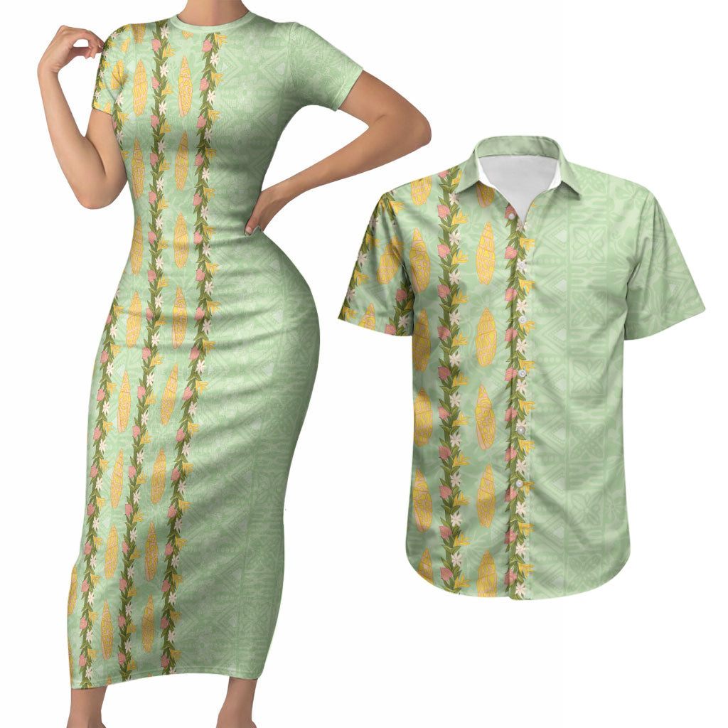 Hawaii Shell Tiare Anthurium Heliconia Lei Couples Matching Short Sleeve Bodycon Dress and Hawaiian Shirt With Tapa Pattern Baby Green LT05 Green - Polynesian Pride