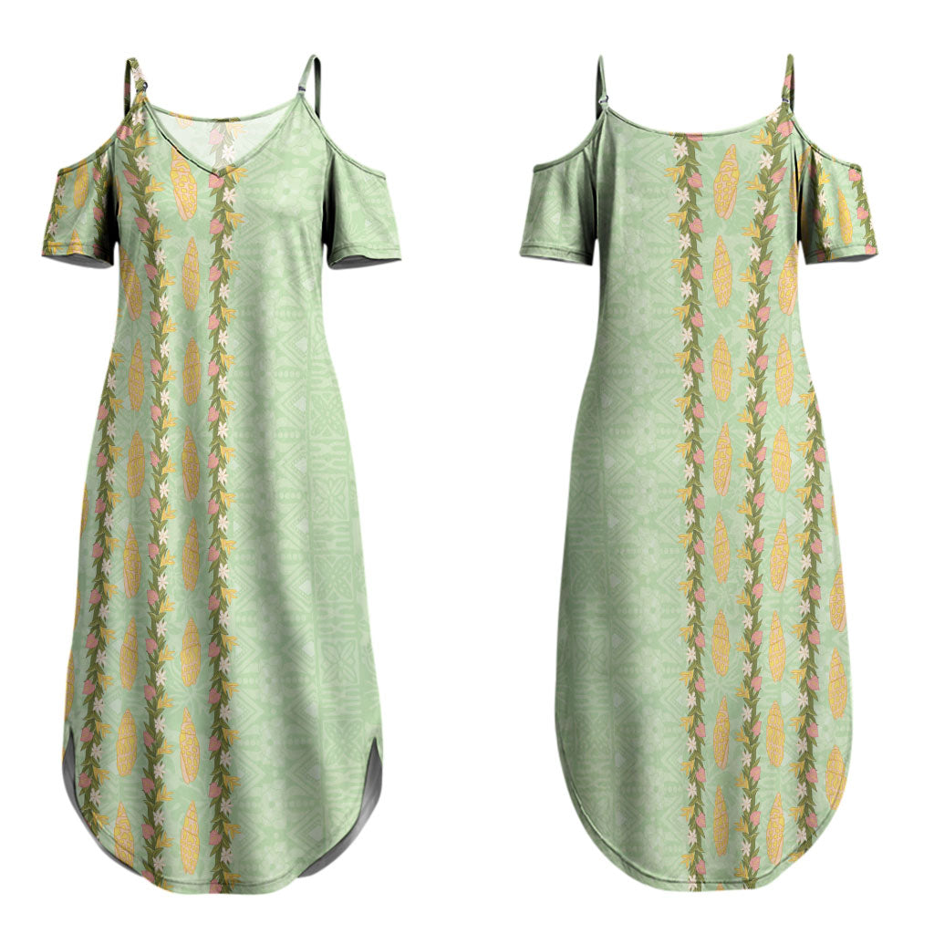 Hawaii Shell Tiare Anthurium Heliconia Lei Couples Matching Summer Maxi Dress and Long Sleeve Button Shirt With Tapa Pattern Baby Green LT05 - Polynesian Pride