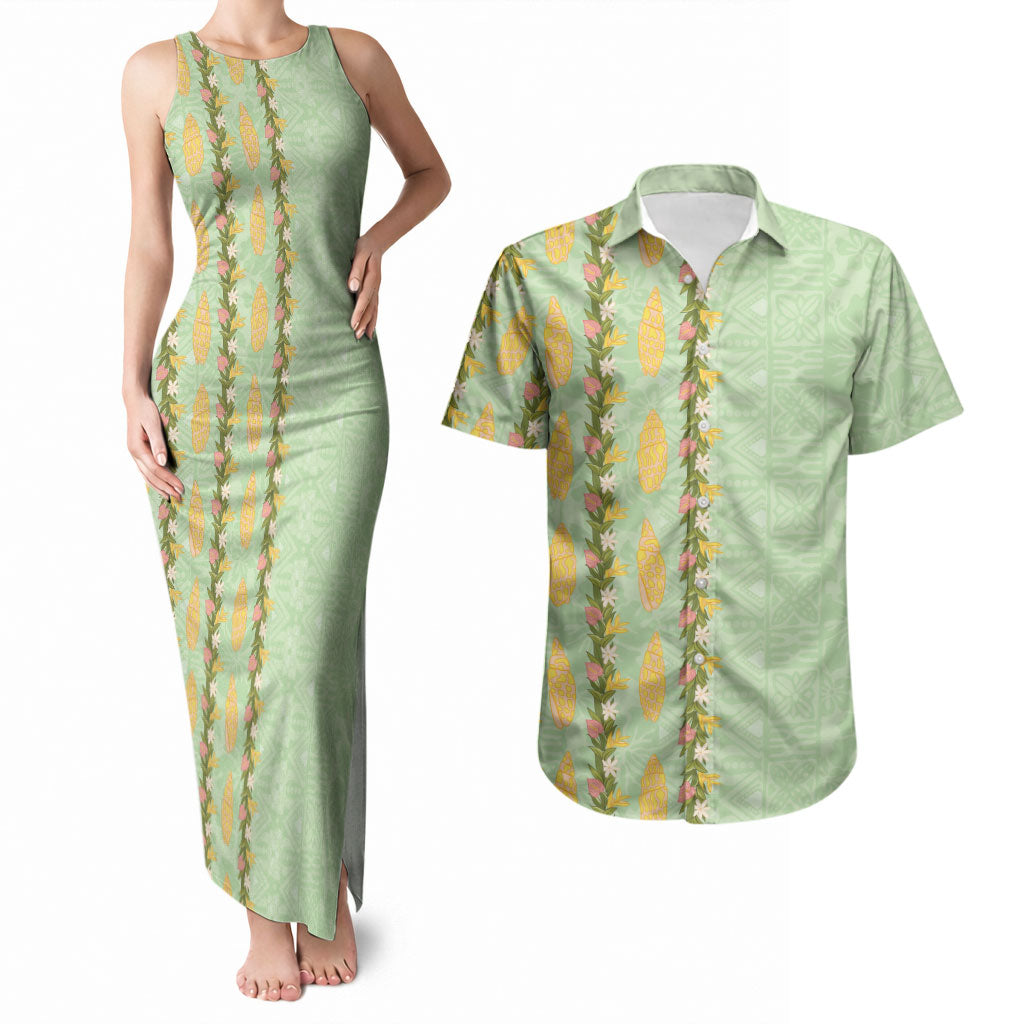 Hawaii Shell Tiare Anthurium Heliconia Lei Couples Matching Tank Maxi Dress and Hawaiian Shirt With Tapa Pattern Baby Green LT05 Green - Polynesian Pride