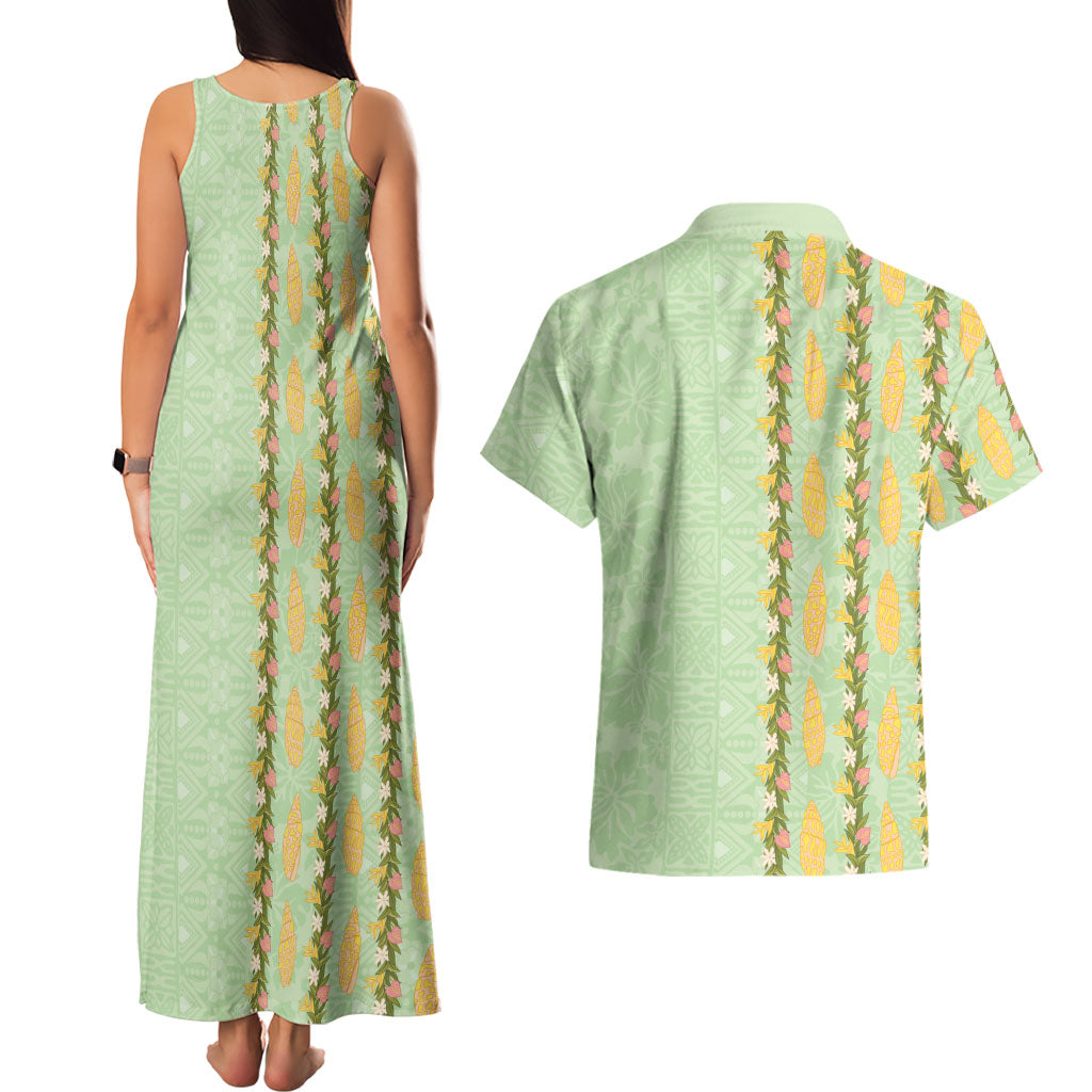 Hawaii Shell Tiare Anthurium Heliconia Lei Couples Matching Tank Maxi Dress and Hawaiian Shirt With Tapa Pattern Baby Green
