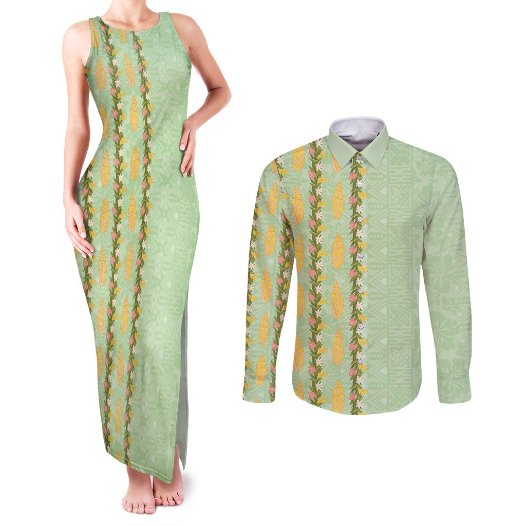 Hawaii Shell Tiare Anthurium Heliconia Lei Couples Matching Tank Maxi Dress and Long Sleeve Button Shirt With Tapa Pattern Baby Green