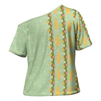 Hawaii Shell Tiare Anthurium Heliconia Lei Cross Shoulder Shirt With Tapa Pattern Baby Green