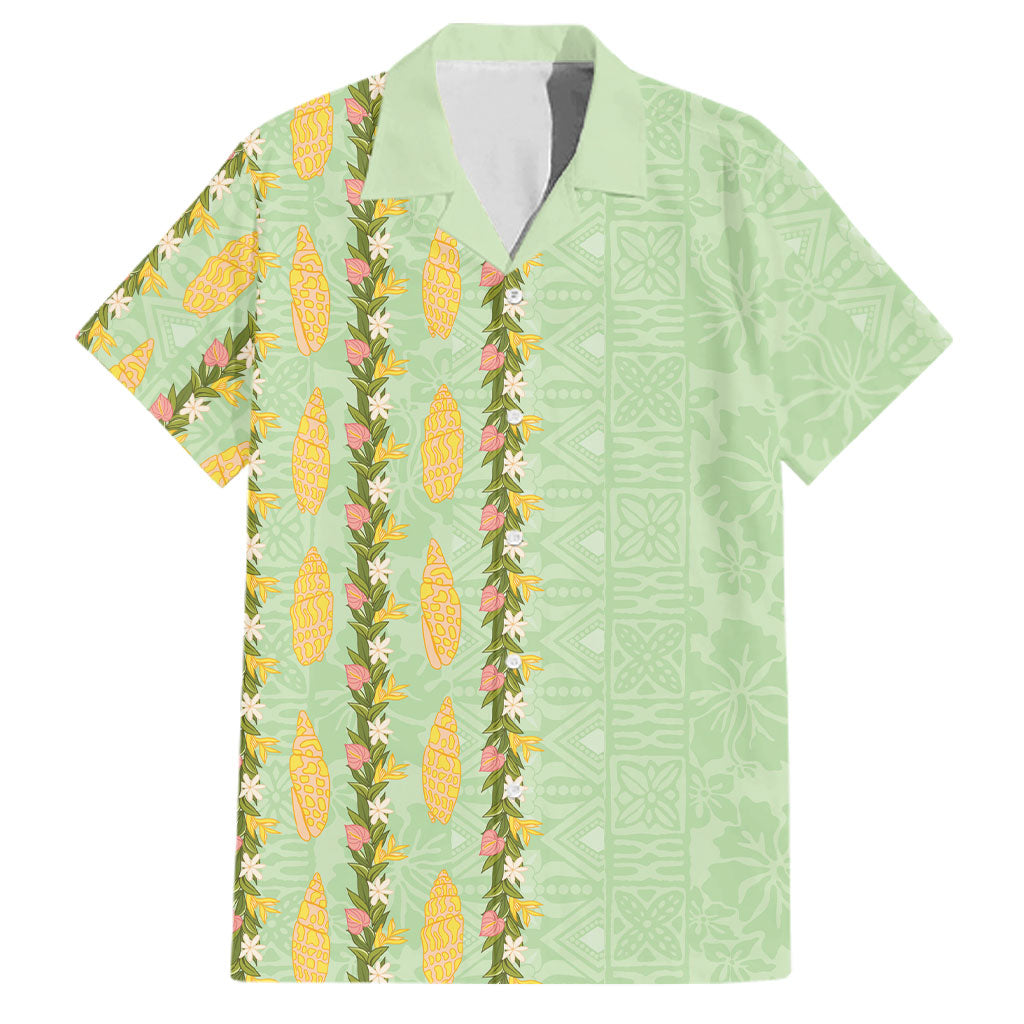 Hawaii Shell Tiare Anthurium Heliconia Lei Family Matching Long Sleeve Bodycon Dress and Hawaiian Shirt With Tapa Pattern Baby Green