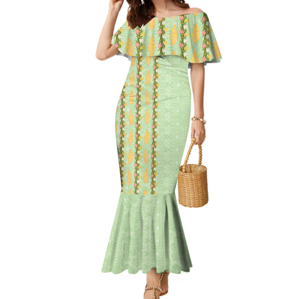 Hawaii Shell Tiare Anthurium Heliconia Lei Family Matching Mermaid Dress and Hawaiian Shirt With Tapa Pattern Baby Green