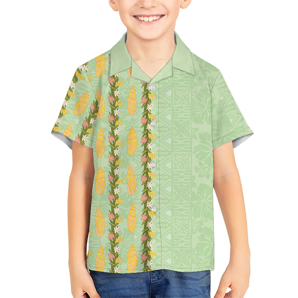 Hawaii Shell Tiare Anthurium Heliconia Lei Family Matching Off The Shoulder Long Sleeve Dress and Hawaiian Shirt With Tapa Pattern Baby Green