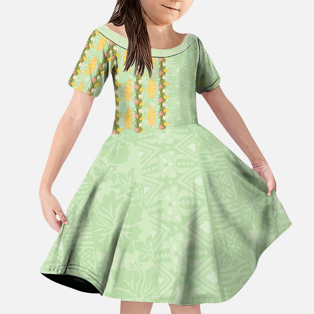 Hawaii Shell Tiare Anthurium Heliconia Lei Family Matching Off Shoulder Short Dress and Hawaiian Shirt With Tapa Pattern Baby Green