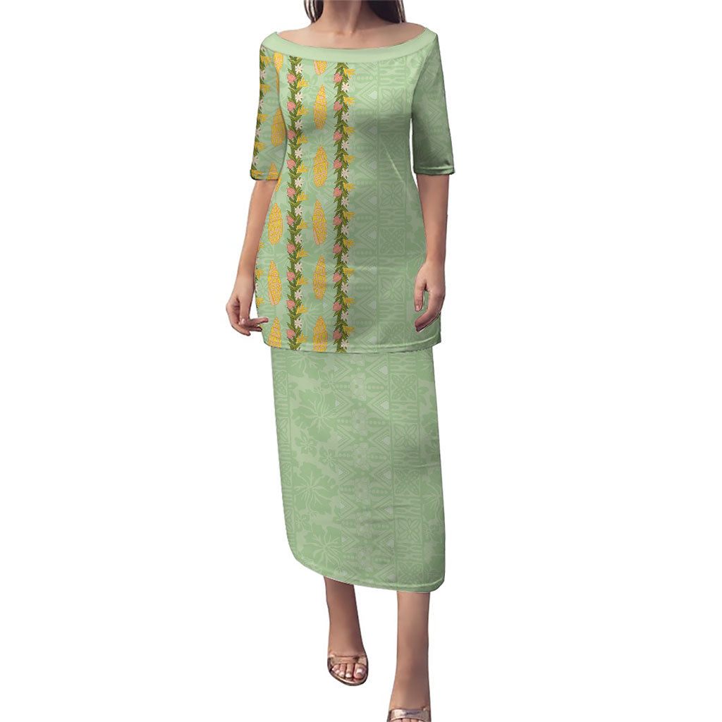 Hawaii Shell Tiare Anthurium Heliconia Lei Family Matching Puletasi and Hawaiian Shirt With Tapa Pattern Baby Green