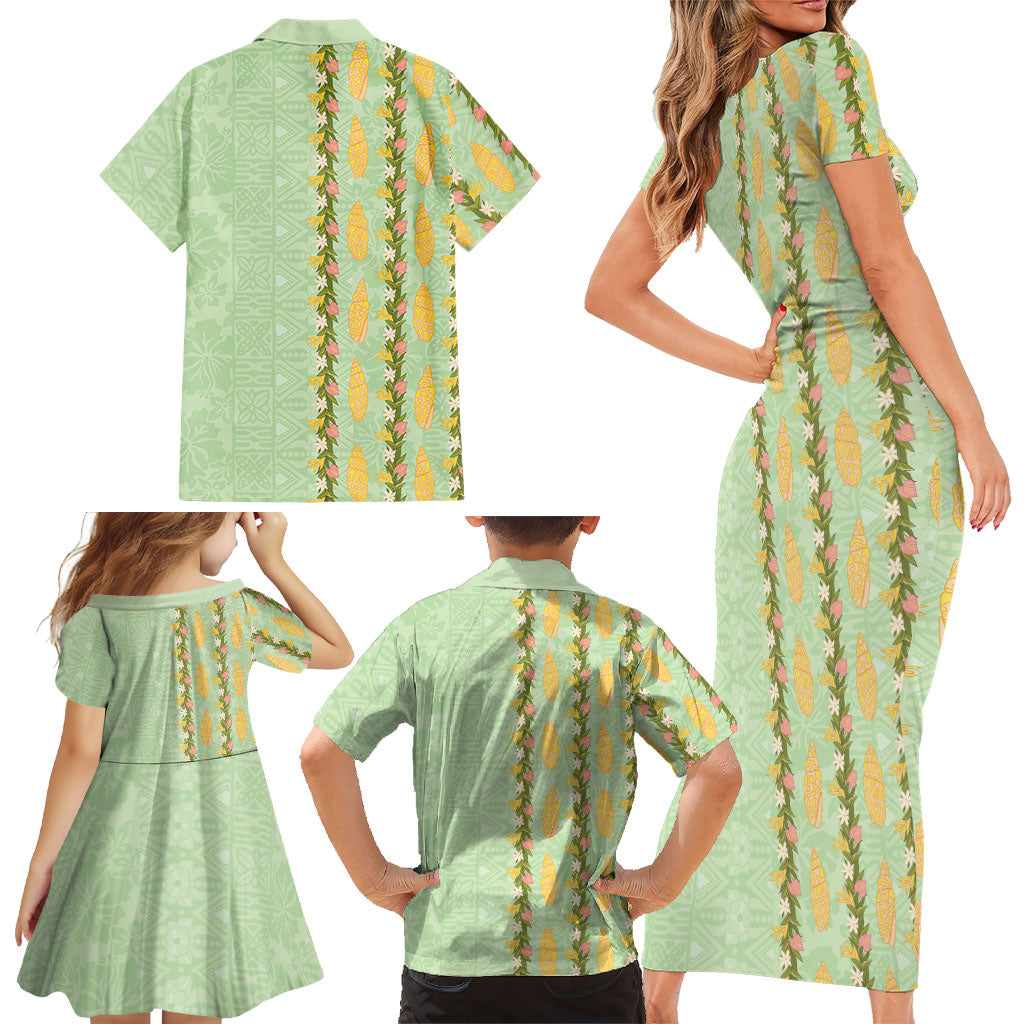 Hawaii Shell Tiare Anthurium Heliconia Lei Family Matching Short Sleeve Bodycon Dress and Hawaiian Shirt With Tapa Pattern Baby Green