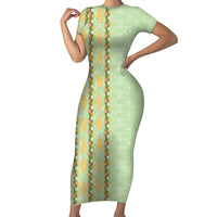 Hawaii Shell Tiare Anthurium Heliconia Lei Family Matching Short Sleeve Bodycon Dress and Hawaiian Shirt With Tapa Pattern Baby Green