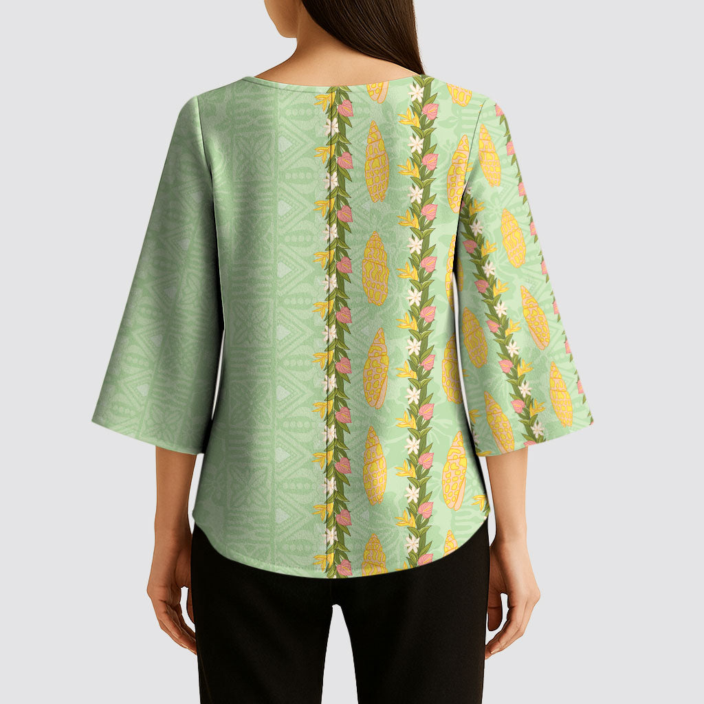 Hawaii Shell Tiare Anthurium Heliconia Lei Kimono Sleeve Blouse With Tapa Pattern Baby Green