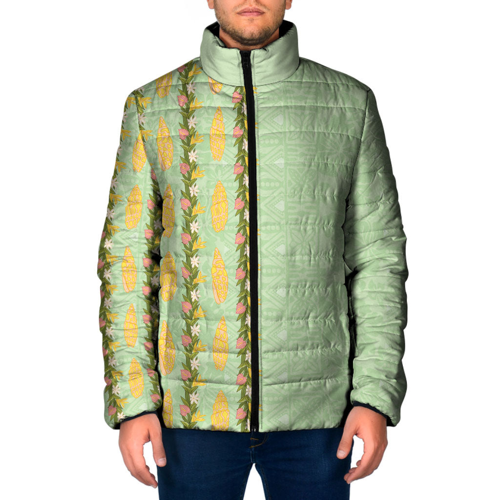 Hawaii Shell Tiare Anthurium Heliconia Lei Padded Jacket With Tapa Pattern Baby Green
