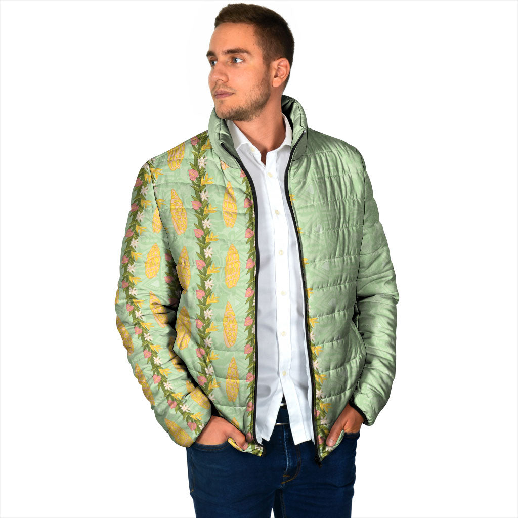 Hawaii Shell Tiare Anthurium Heliconia Lei Padded Jacket With Tapa Pattern Baby Green