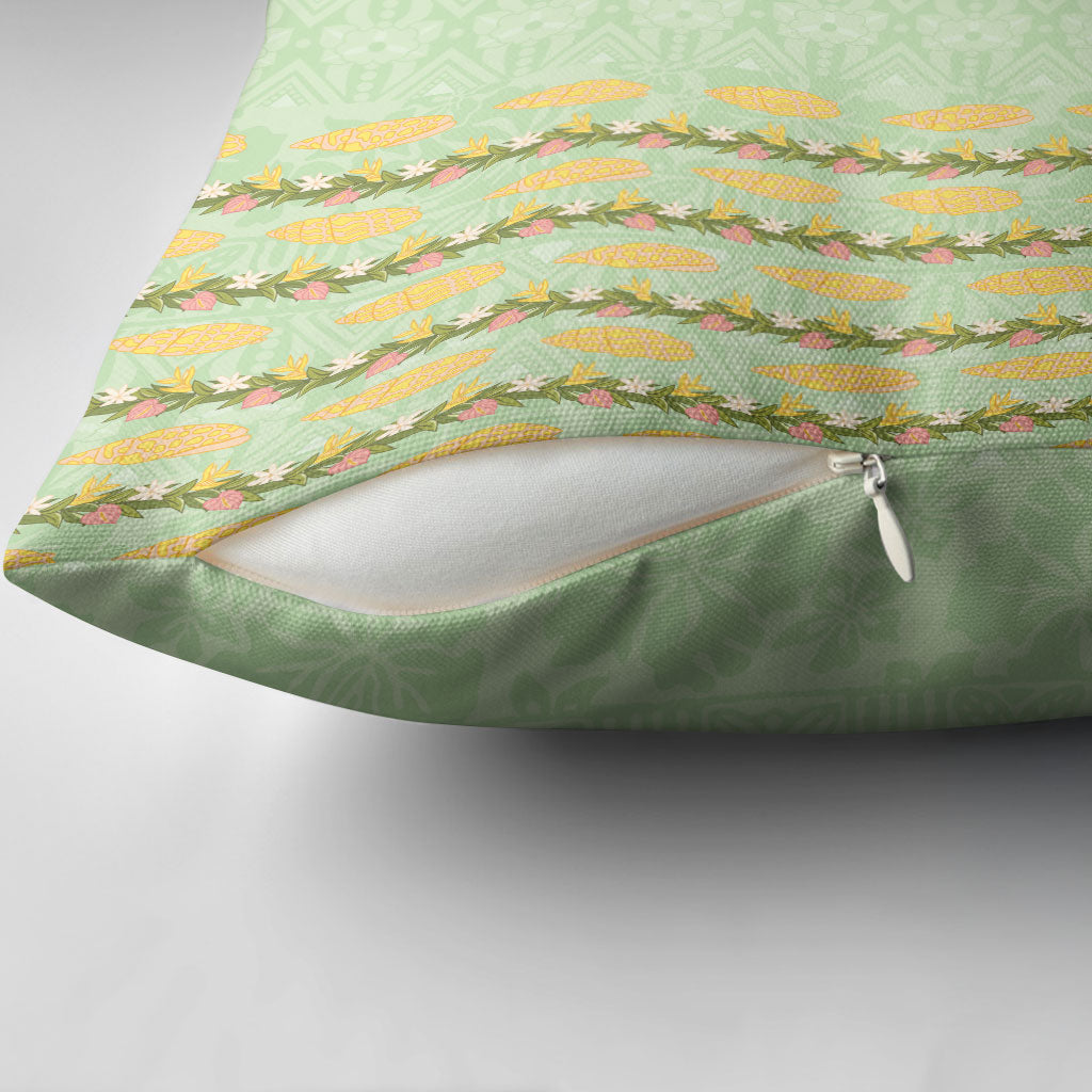 Hawaii Shell Tiare Anthurium Heliconia Lei Pillow Cover With Tapa Pattern Baby Green