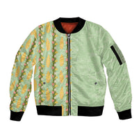 Hawaii Shell Tiare Anthurium Heliconia Lei Sleeve Zip Bomber Jacket With Tapa Pattern Baby Green