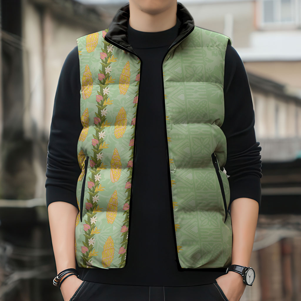 Hawaii Shell Tiare Anthurium Heliconia Lei Sleeveless Puffer Jacket With Tapa Pattern Baby Green