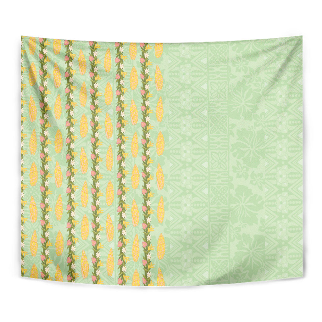 Hawaii Shell Tiare Anthurium Heliconia Lei Tapestry With Tapa Pattern Baby Green