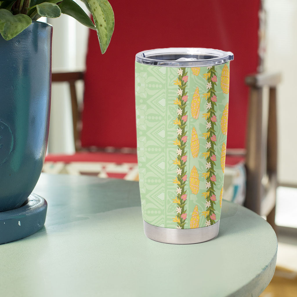 Hawaii Shell Tiare Anthurium Heliconia Lei Tumbler Cup With Tapa Pattern Baby Green