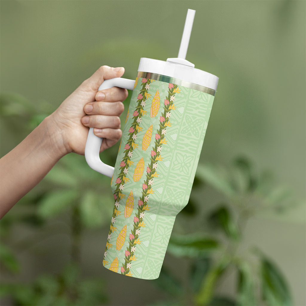 Hawaii Shell Tiare Anthurium Heliconia Lei Tumbler With Handle With Tapa Pattern Baby Green
