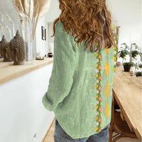 Hawaii Shell Tiare Anthurium Heliconia Lei Women Casual Shirt With Tapa Pattern Baby Green