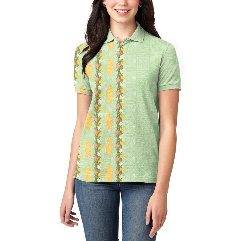 Hawaii Shell Tiare Anthurium Heliconia Lei Women Polo Shirt With Tapa Pattern Baby Green