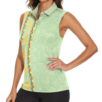 Hawaii Shell Tiare Anthurium Heliconia Lei Women Sleeveless Polo Shirt With Tapa Pattern Baby Green
