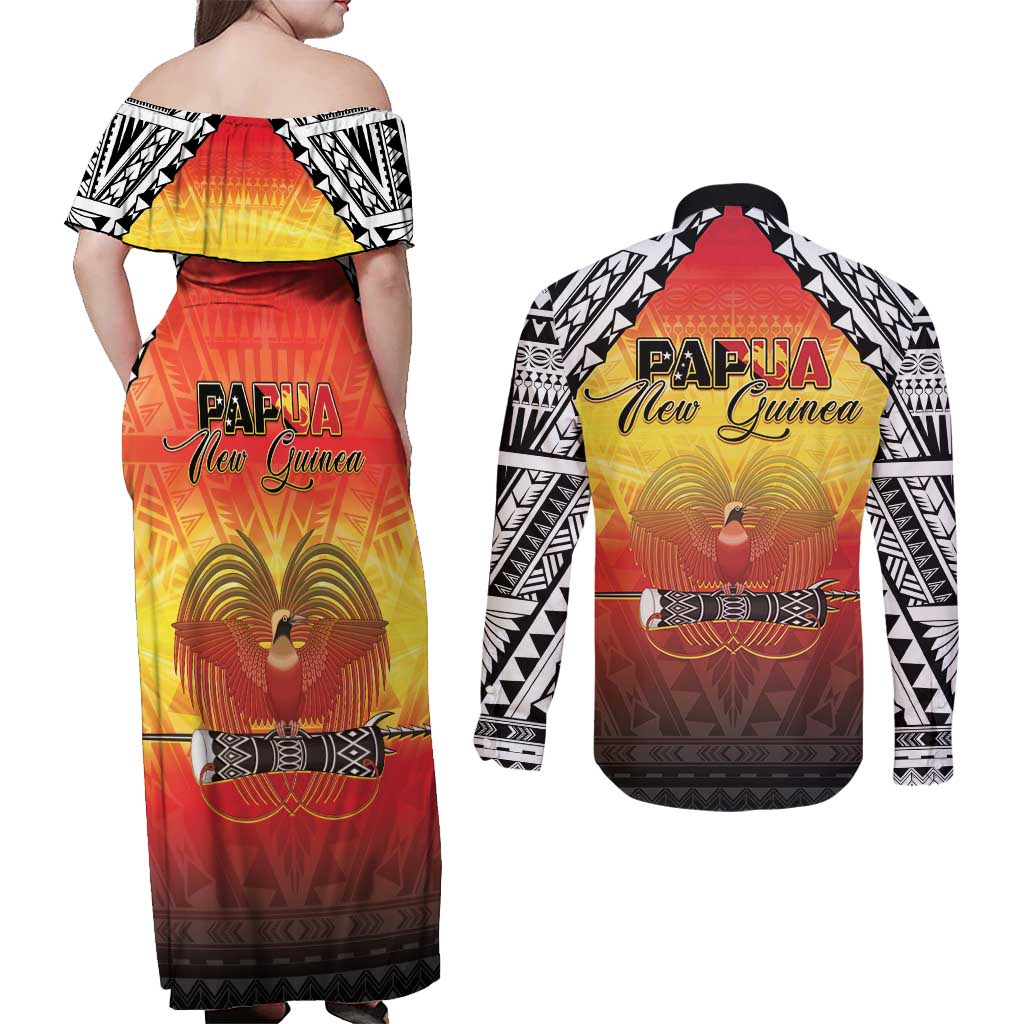 Papua New Guinea 49th Independence Day Couples Matching Off Shoulder Maxi Dress and Long Sleeve Button Shirt One People One Nation One PNG