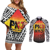 Papua New Guinea 49th Independence Day Couples Matching Off Shoulder Short Dress and Long Sleeve Button Shirt One People One Nation One PNG