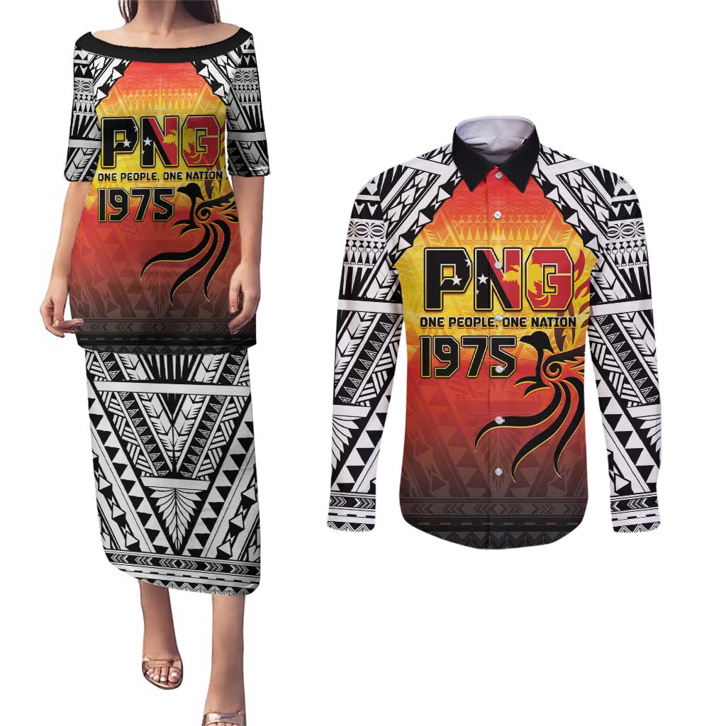 Papua New Guinea 49th Independence Day Couples Matching Puletasi and Long Sleeve Button Shirt One People One Nation One PNG