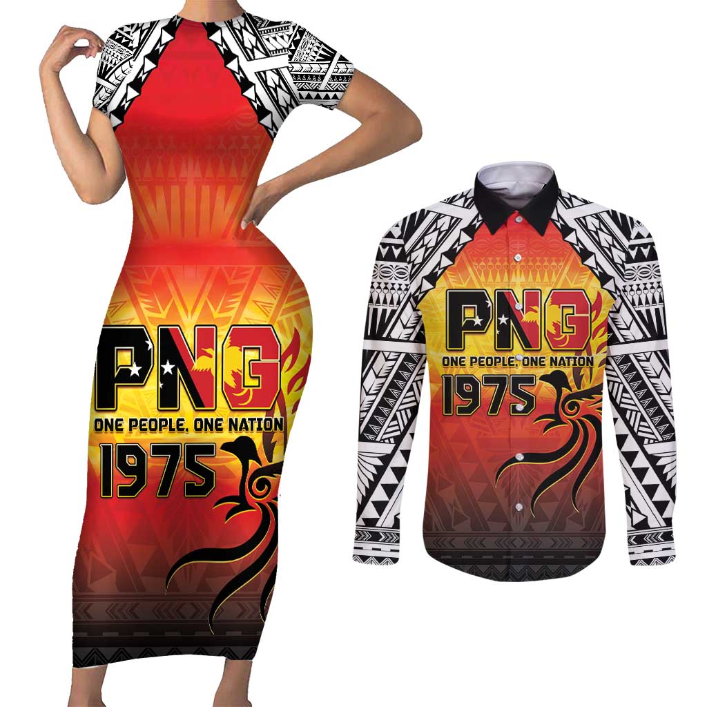 Papua New Guinea 49th Independence Day Couples Matching Short Sleeve Bodycon Dress and Long Sleeve Button Shirt One People One Nation One PNG
