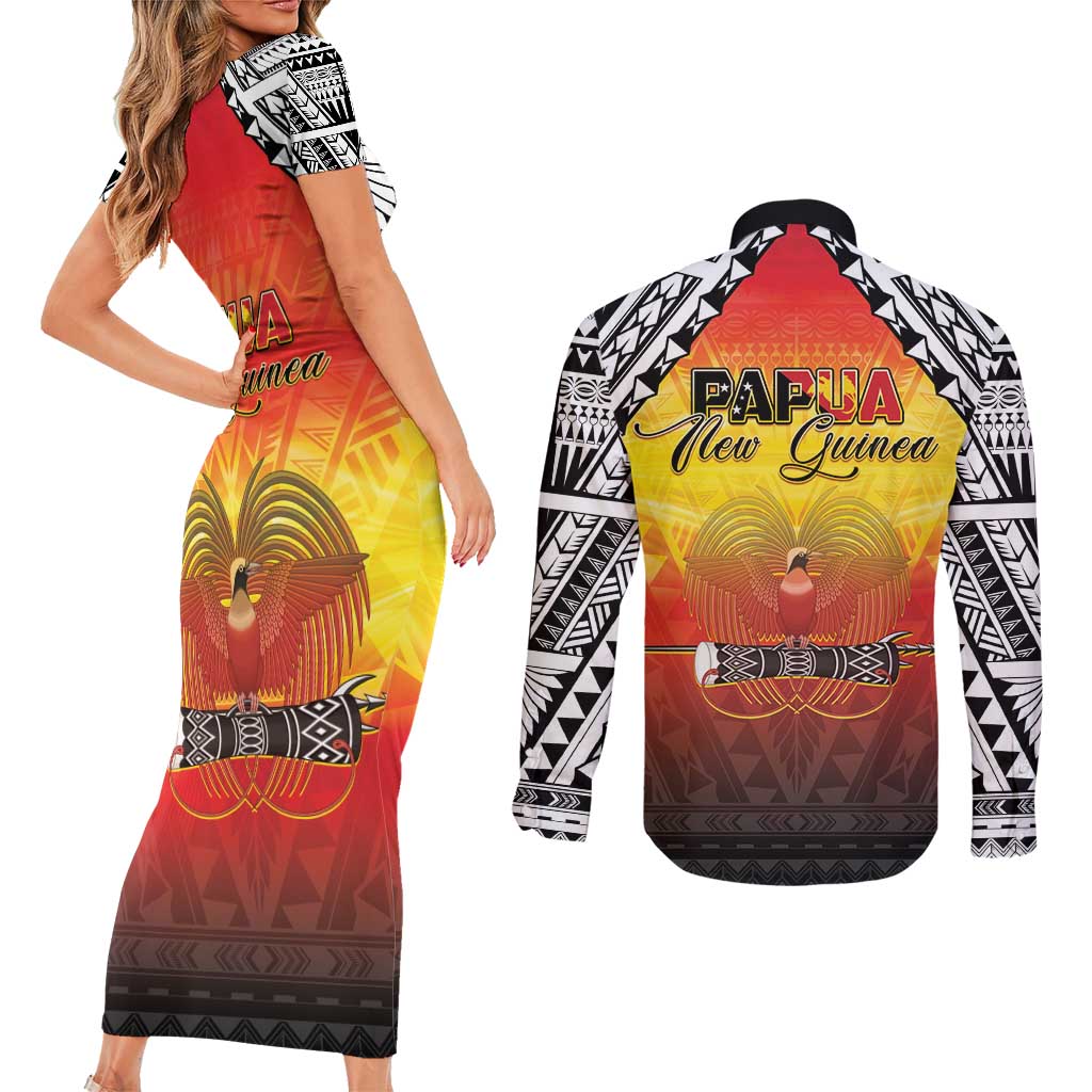 Papua New Guinea 49th Independence Day Couples Matching Short Sleeve Bodycon Dress and Long Sleeve Button Shirt One People One Nation One PNG