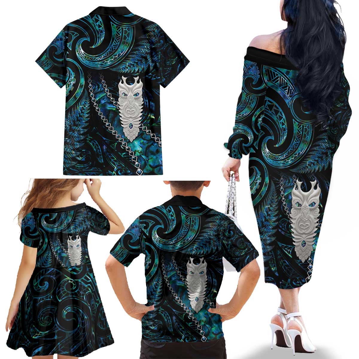 New Zealand Aotearoa Family Matching Off The Shoulder Long Sleeve Dress and Hawaiian Shirt Maori Tane Te Waiora Paua Shell Glitter Turquoise