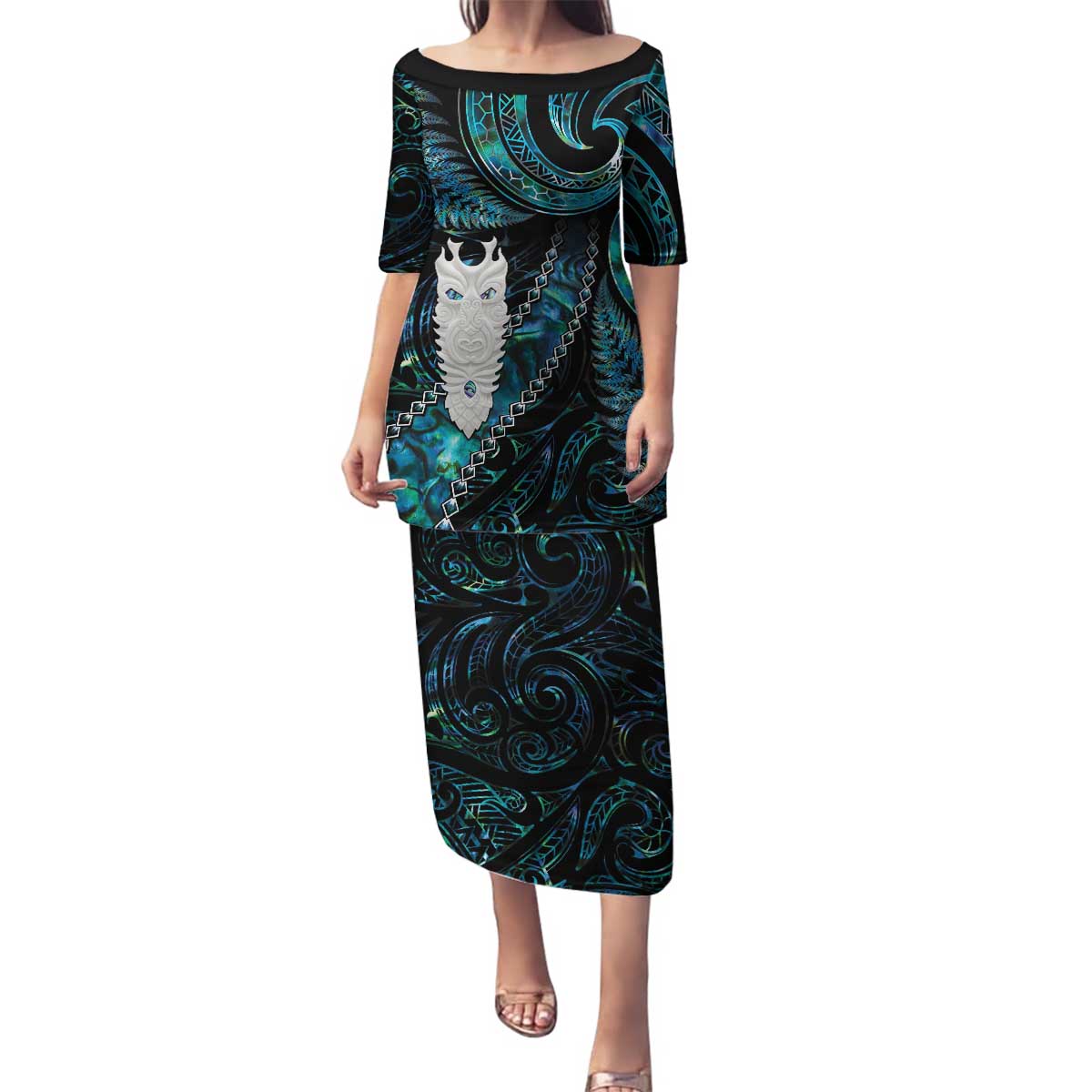 New Zealand Aotearoa Family Matching Puletasi and Hawaiian Shirt Maori Tane Te Waiora Paua Shell Glitter Turquoise