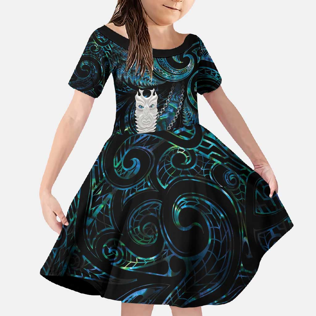 New Zealand Aotearoa Family Matching Tank Maxi Dress and Hawaiian Shirt Maori Tane Te Waiora Paua Shell Glitter Turquoise LT05 Daughter's Dress Turquoise - Polynesian Pride