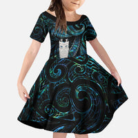 New Zealand Aotearoa Family Matching Tank Maxi Dress and Hawaiian Shirt Maori Tane Te Waiora Paua Shell Glitter Turquoise LT05 Daughter's Dress Turquoise - Polynesian Pride