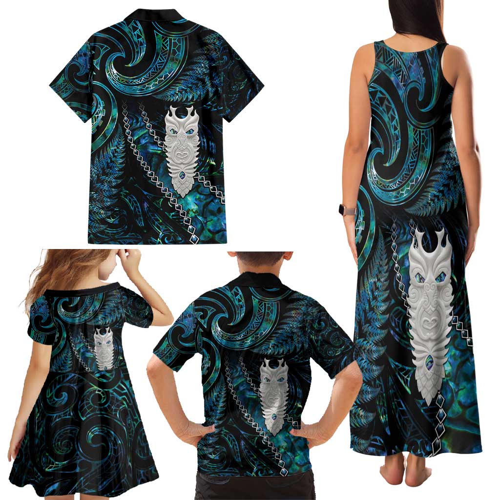 New Zealand Aotearoa Family Matching Tank Maxi Dress and Hawaiian Shirt Maori Tane Te Waiora Paua Shell Glitter Turquoise LT05 - Polynesian Pride