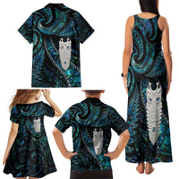 New Zealand Aotearoa Family Matching Tank Maxi Dress and Hawaiian Shirt Maori Tane Te Waiora Paua Shell Glitter Turquoise LT05 - Polynesian Pride