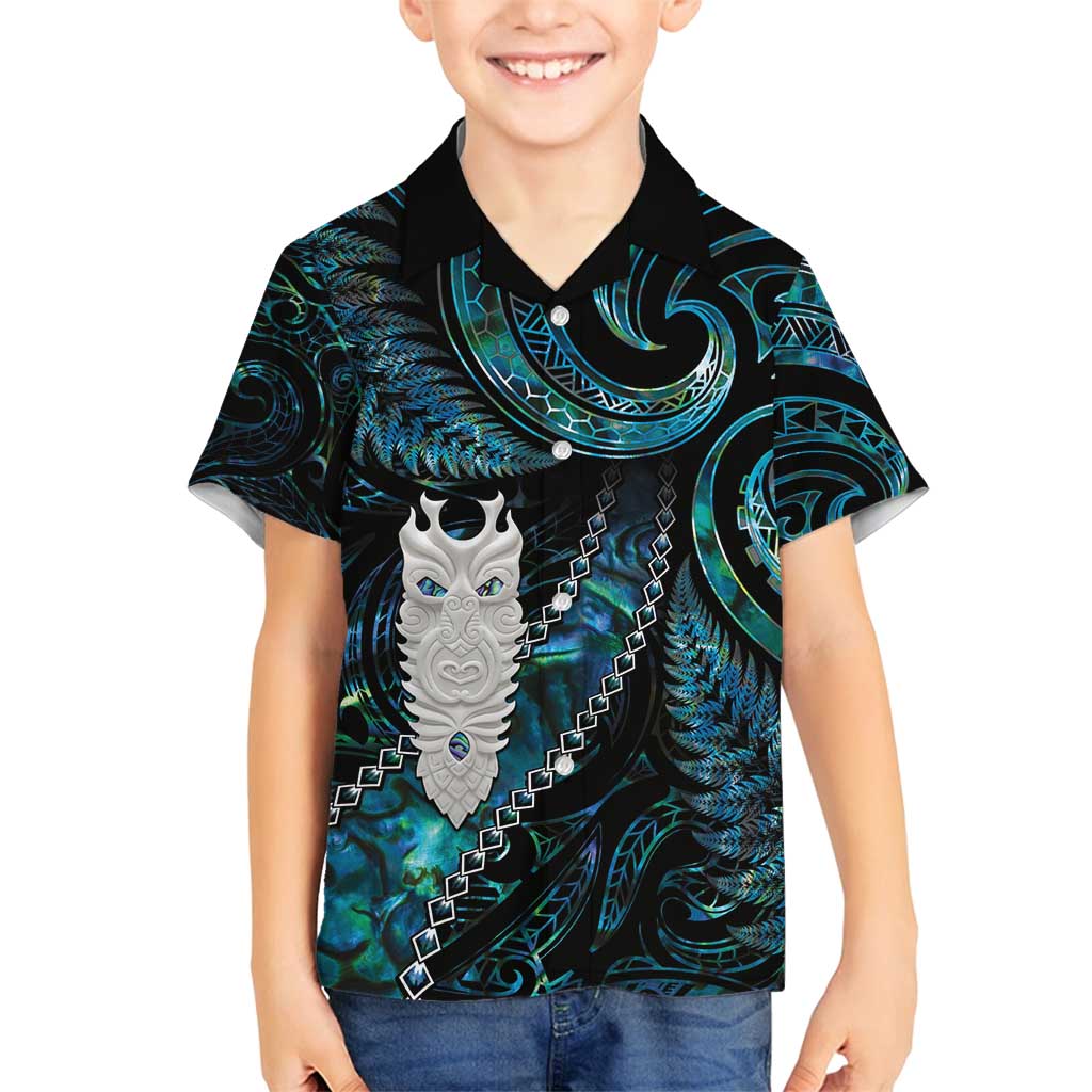 New Zealand Aotearoa Family Matching Tank Maxi Dress and Hawaiian Shirt Maori Tane Te Waiora Paua Shell Glitter Turquoise LT05 Son's Shirt Turquoise - Polynesian Pride