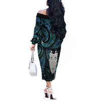New Zealand Aotearoa Off The Shoulder Long Sleeve Dress Maori Tane Te Waiora Paua Shell Glitter Turquoise