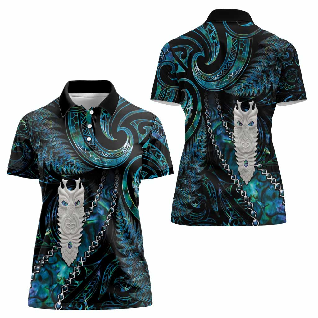 New Zealand Aotearoa Women Polo Shirt Maori Tane Te Waiora Paua Shell Glitter Turquoise