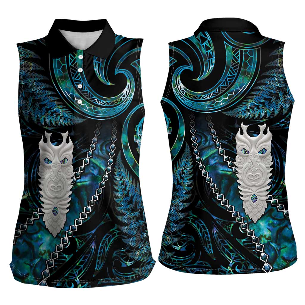 New Zealand Aotearoa Women Sleeveless Polo Shirt Maori Tane Te Waiora Paua Shell Glitter Turquoise