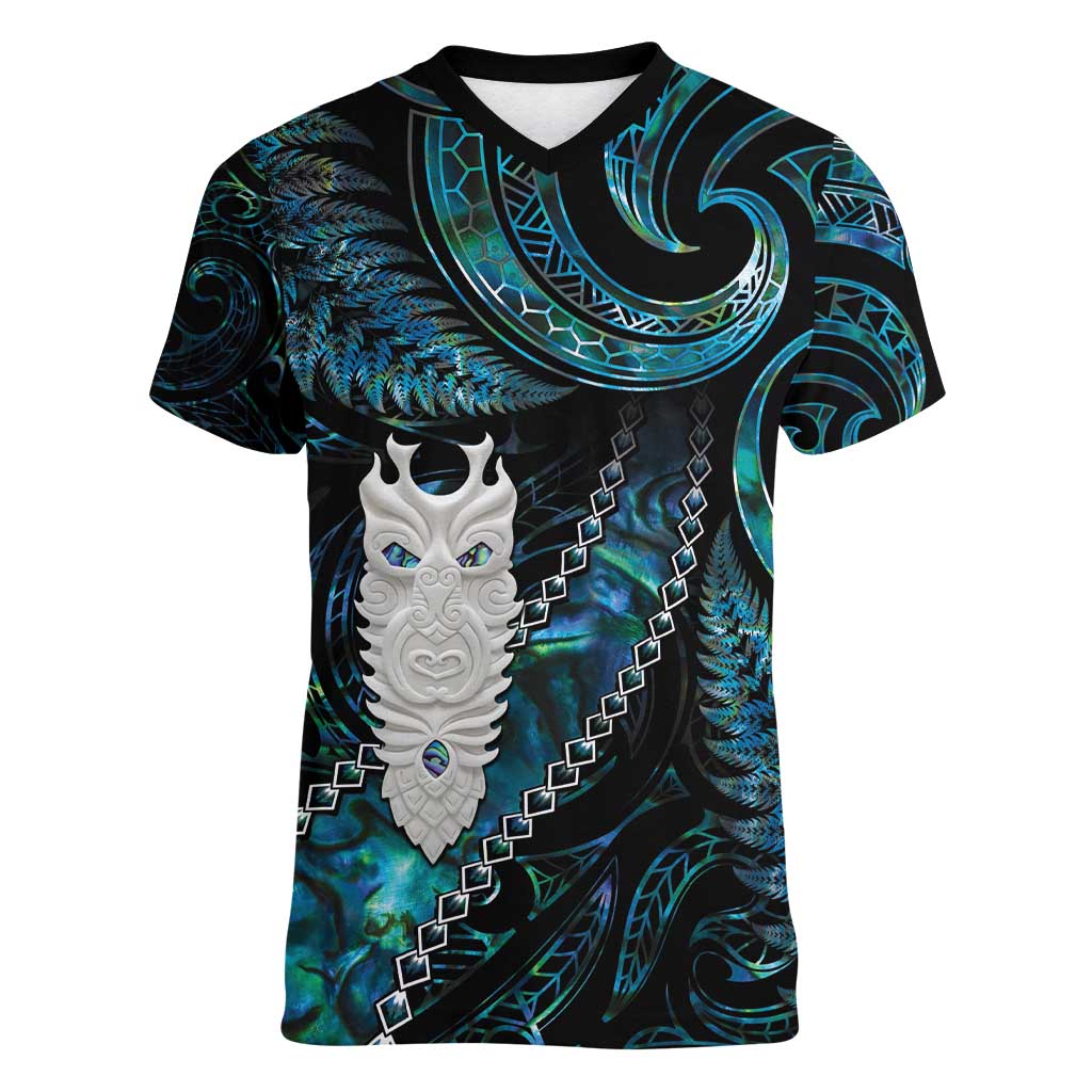 New Zealand Aotearoa Women V-Neck T-Shirt Maori Tane Te Waiora Paua Shell Glitter Turquoise LT05 Female Turquoise - Polynesian Pride