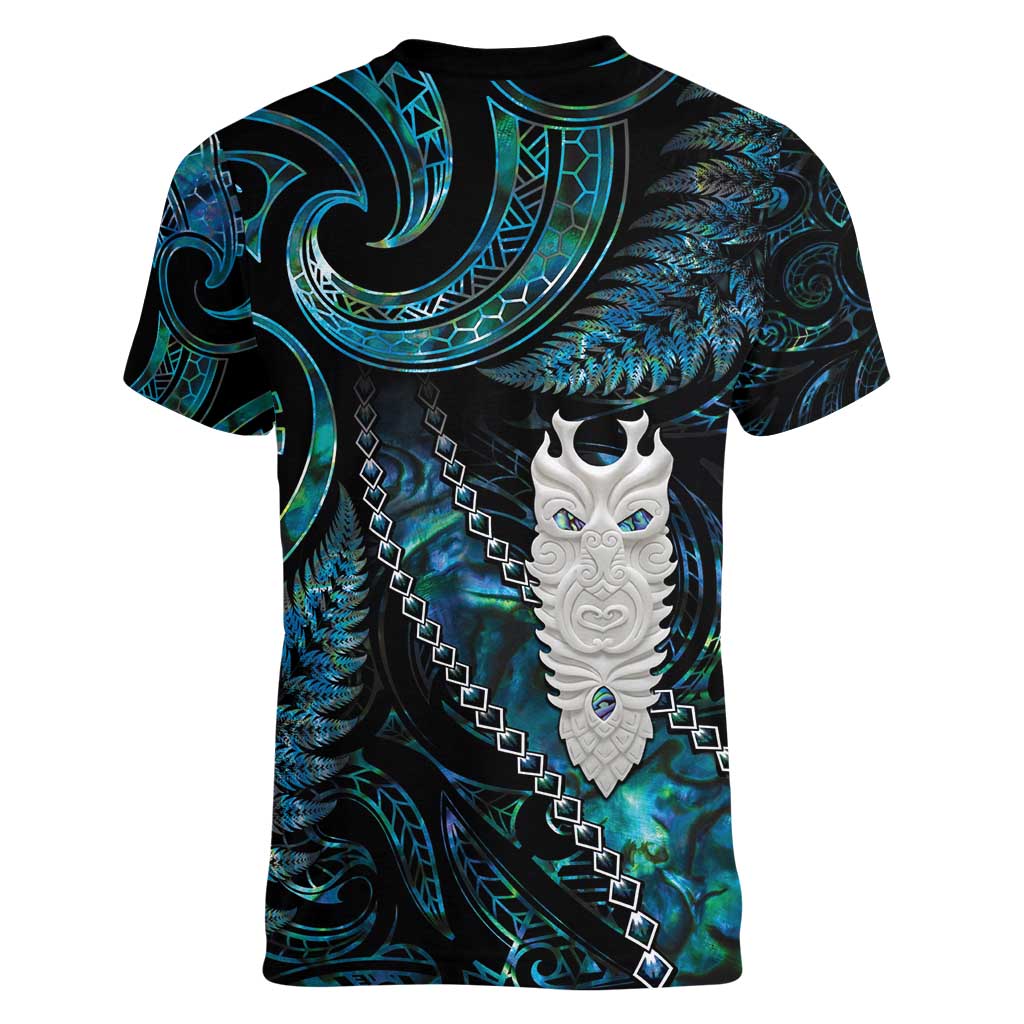 New Zealand Aotearoa Women V-Neck T-Shirt Maori Tane Te Waiora Paua Shell Glitter Turquoise LT05 - Polynesian Pride