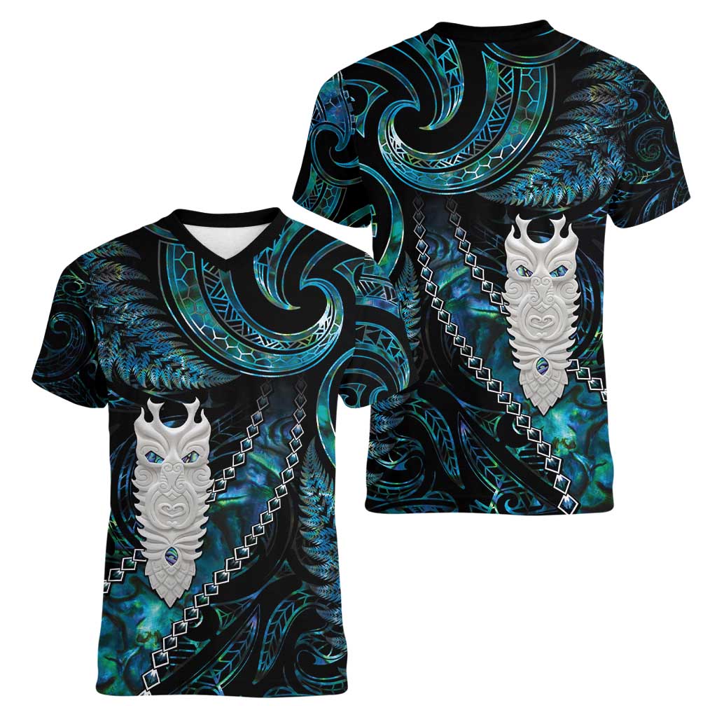 New Zealand Aotearoa Women V-Neck T-Shirt Maori Tane Te Waiora Paua Shell Glitter Turquoise LT05 - Polynesian Pride