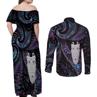 New Zealand Aotearoa Couples Matching Off Shoulder Maxi Dress and Long Sleeve Button Shirt Maori Tane Te Waiora Paua Shell Glitter Purple