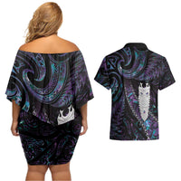 New Zealand Aotearoa Couples Matching Off Shoulder Short Dress and Hawaiian Shirt Maori Tane Te Waiora Paua Shell Glitter Purple