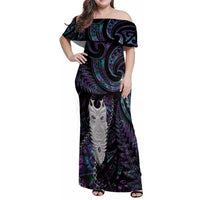 New Zealand Aotearoa Family Matching Off Shoulder Maxi Dress and Hawaiian Shirt Maori Tane Te Waiora Paua Shell Glitter Purple