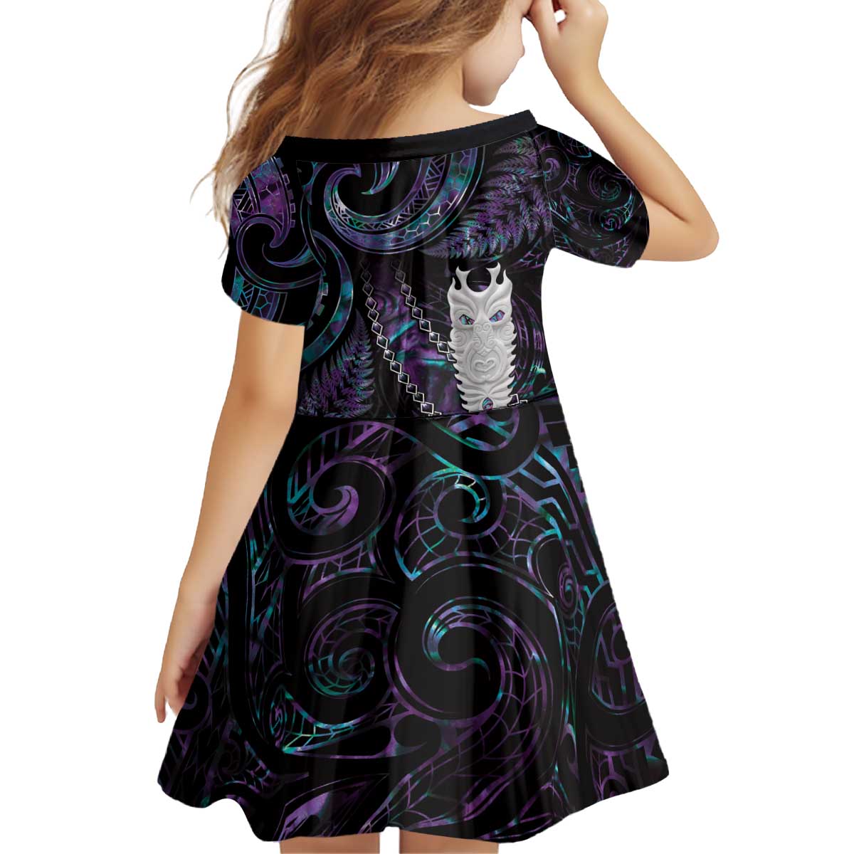 New Zealand Aotearoa Family Matching Off Shoulder Short Dress and Hawaiian Shirt Maori Tane Te Waiora Paua Shell Glitter Purple