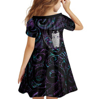 New Zealand Aotearoa Family Matching Off Shoulder Short Dress and Hawaiian Shirt Maori Tane Te Waiora Paua Shell Glitter Purple