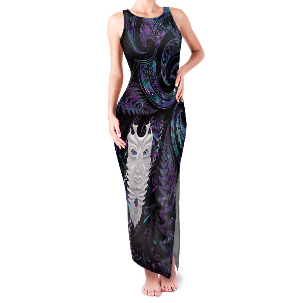 New Zealand Aotearoa Family Matching Tank Maxi Dress and Hawaiian Shirt Maori Tane Te Waiora Paua Shell Glitter Purple